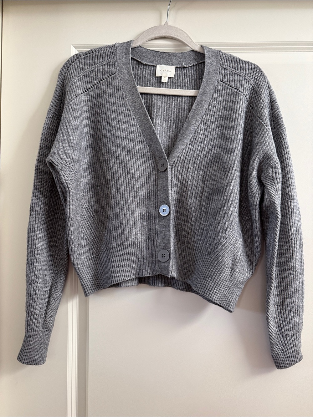 Cyrus Heather Gray Ribbed V-Neck Button Cardigan